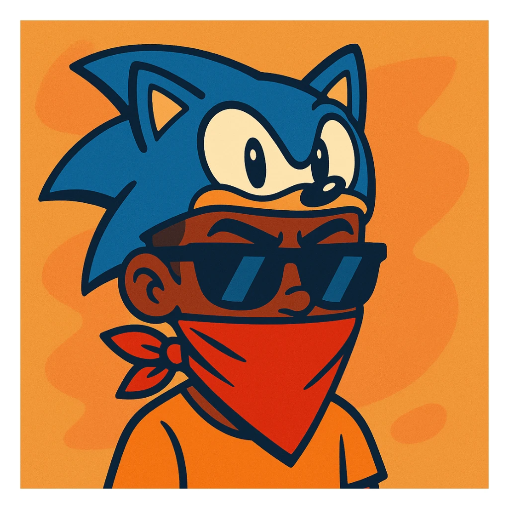 slick warm brown skinned boy with raised eyebrows, Sonic hat, sunglasses, and a bandana over his mouth, vibrant toon style sticker