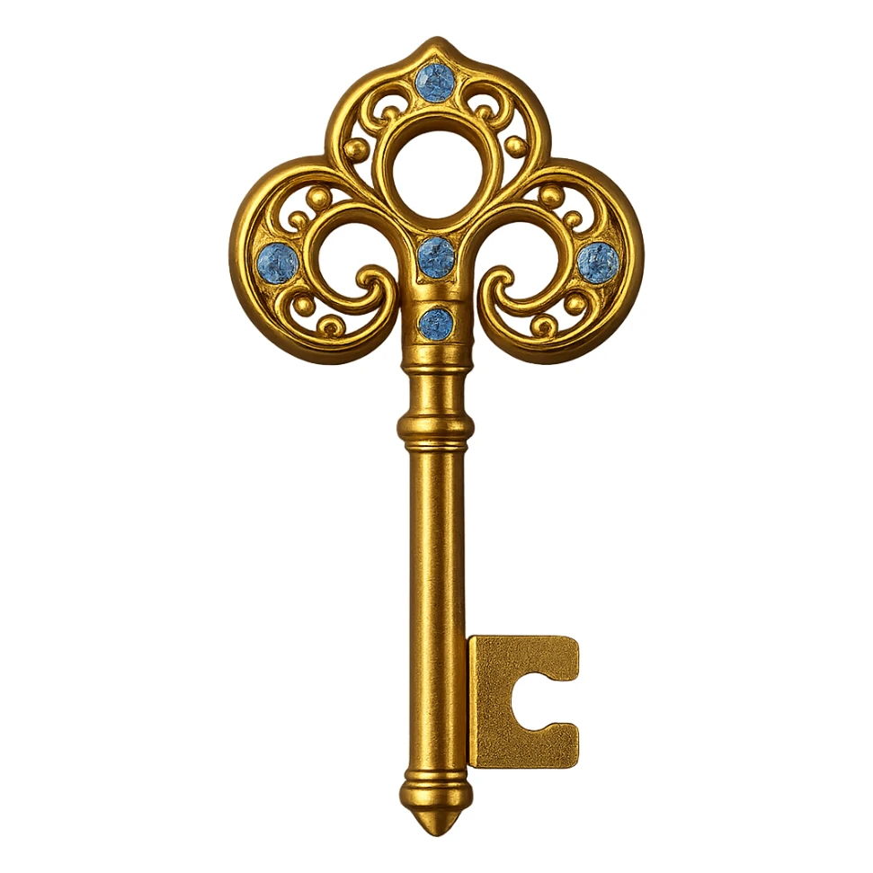 Add shiny blue diamonds to the shiny gold key, keep the background transparent. sticker