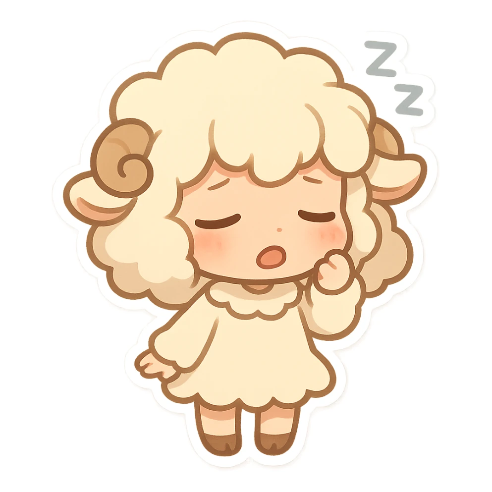 chibi stickers style sheep girl with fluffy hair and a sleepy expression sticker