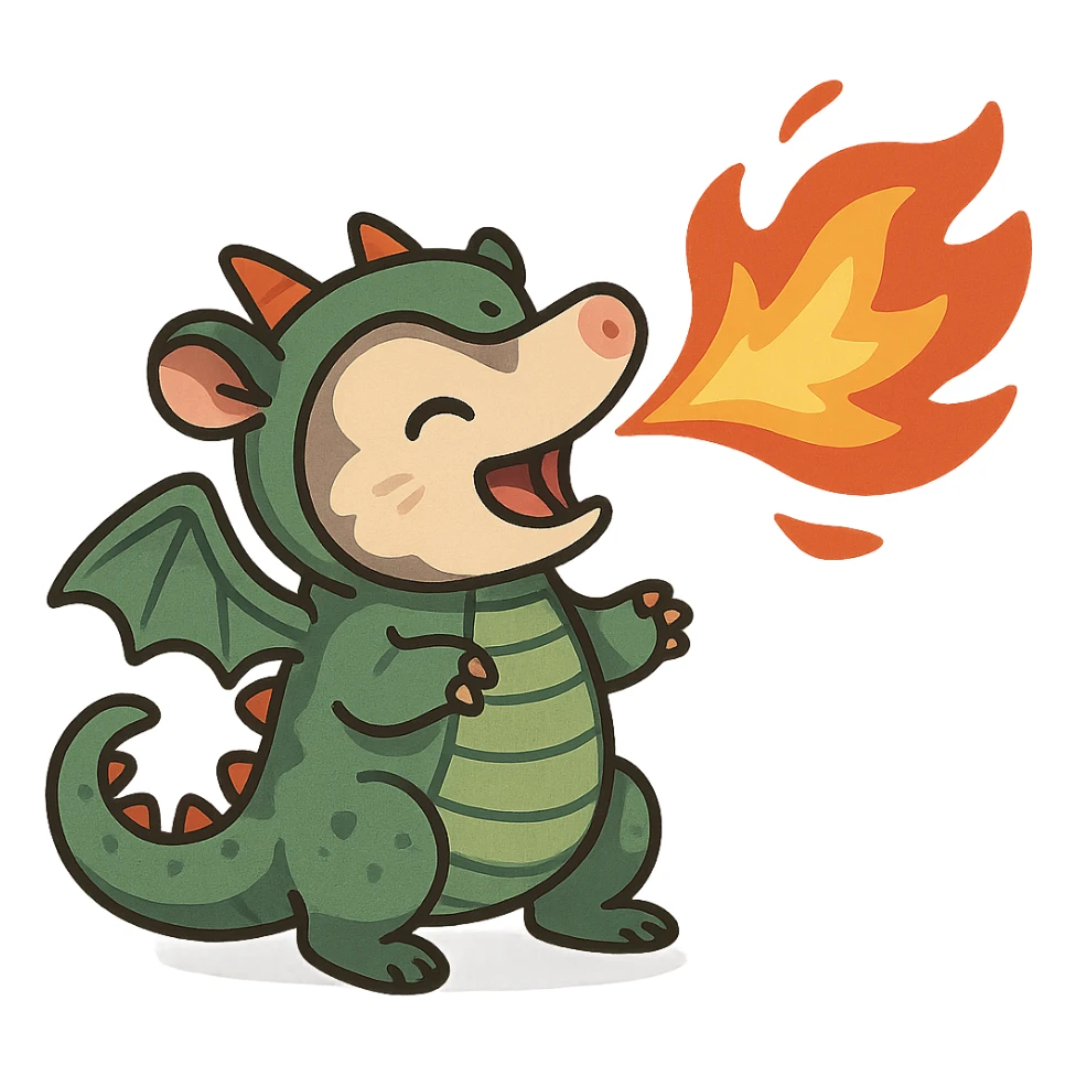 cute cartoon possum breathing fire, dressed as a dragon with wings, distinct artistic style sticker