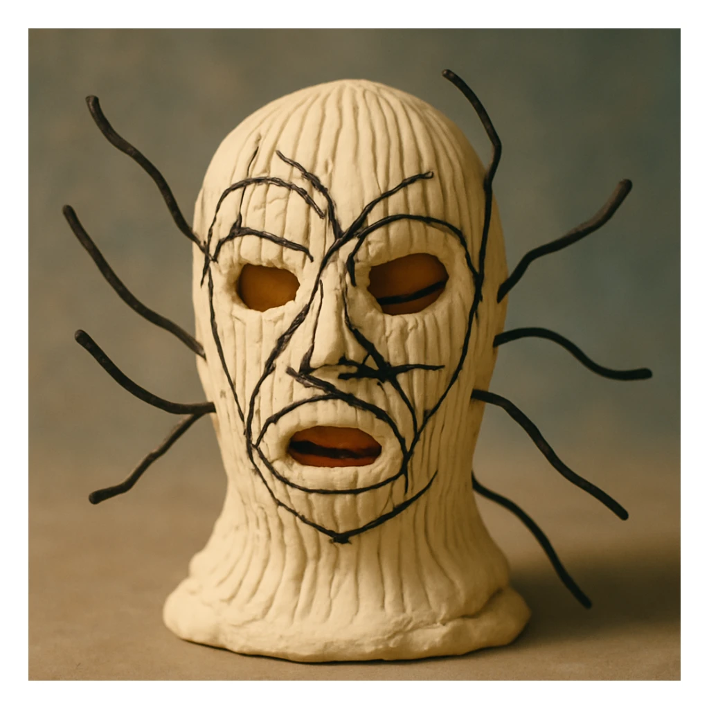 The mask is a full-head, white knitted balaclava with a tight ribbed texture. It features two asymmetrical eye openings and a partially exposed mouth area. Black thread is stitched across the surface in chaotic, abstract lines that trace facial features, giving a hand-drawn effect. Several black cords extend outward from the mask, varying in length and direction, adding a sculptural, almost organic appearance. The overall look is bold, handcrafted, and visually striking. sticker