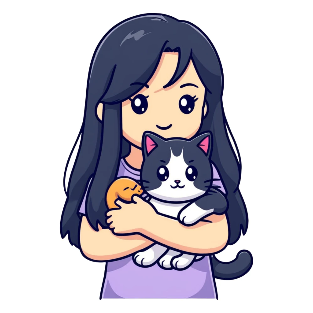 girl with long black hair holding a ginger cat sticker