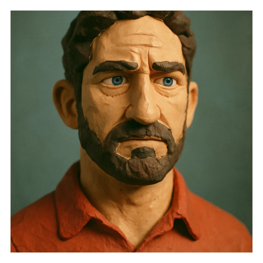 portrait inspired by Gerard Butler, face narrower and forehead slightly larger, claymation style, different lighting sticker