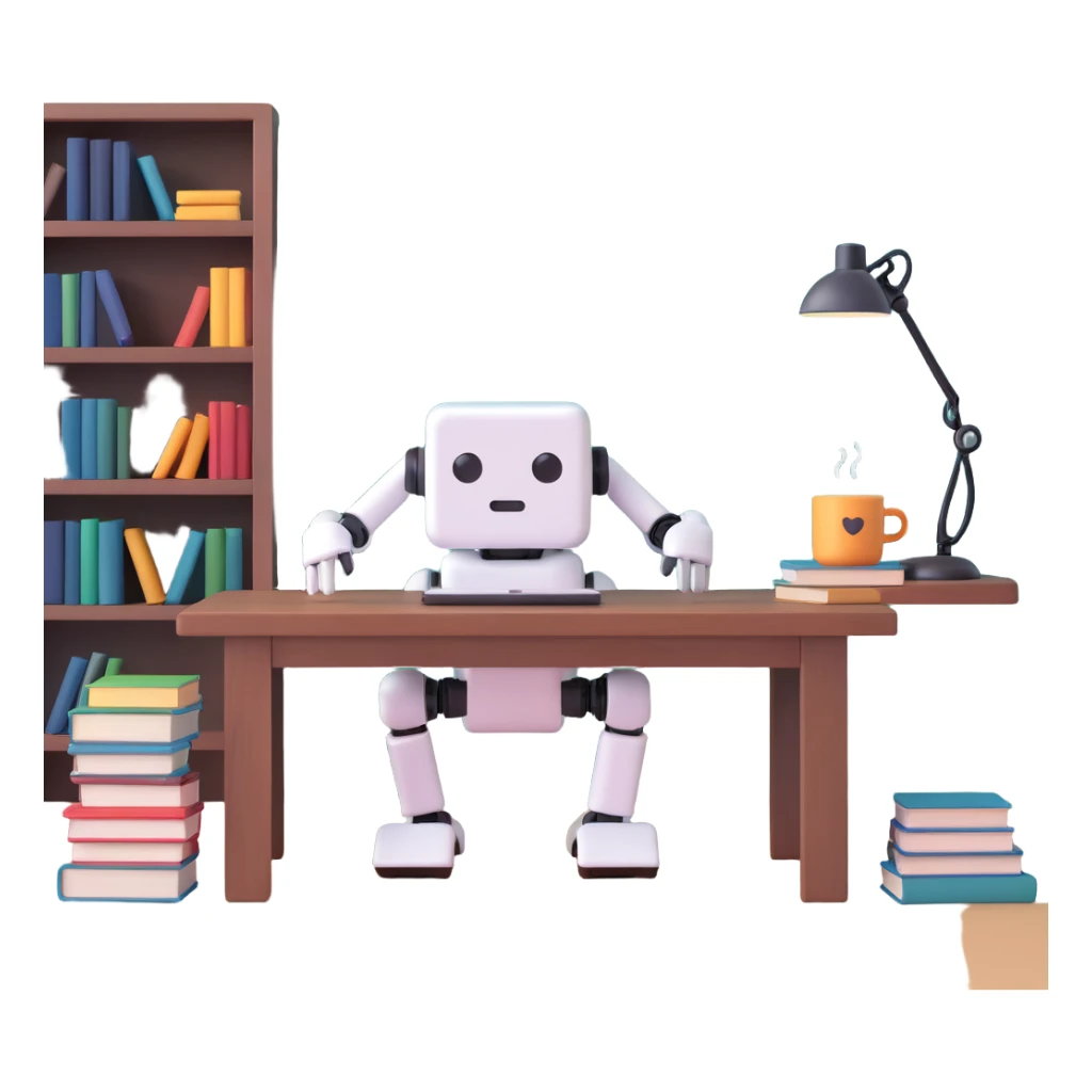 Cute desk companion bot — small cube-shaped AI assistant with articulated arms, sitting on a desk with books and coffee. sticker