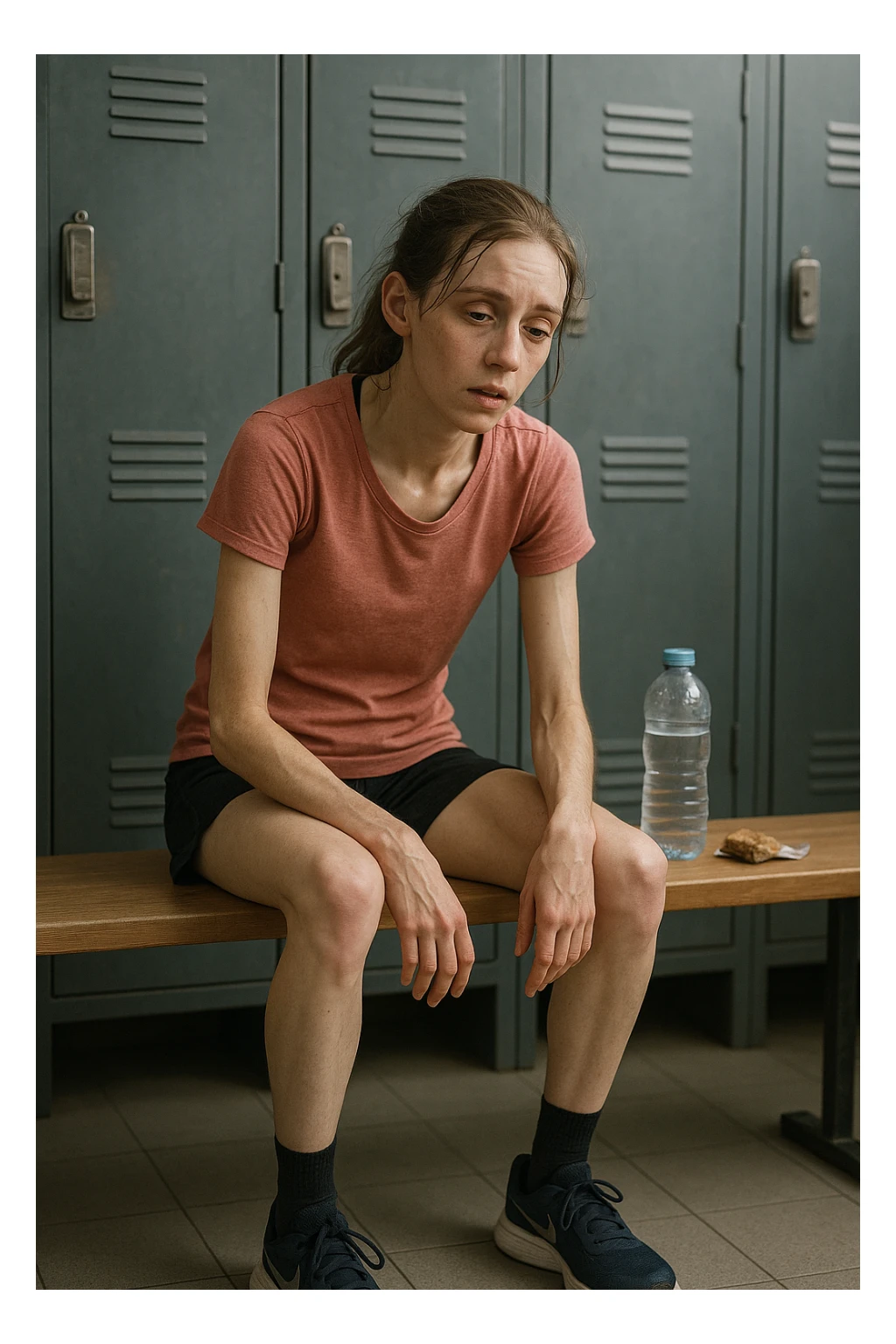 3D rendered scene: a woman in her 20s wearing running clothes sits on a bench in a locker room, looking exhausted and weak. Her face shows signs of fatigue, and her limbs appear thin and lacking muscle tone. A water bottle and a small, half-eaten snack are beside her, hinting at insufficient nutrition. The environment is realistic, with a focus on her physical and emotional state. sticker