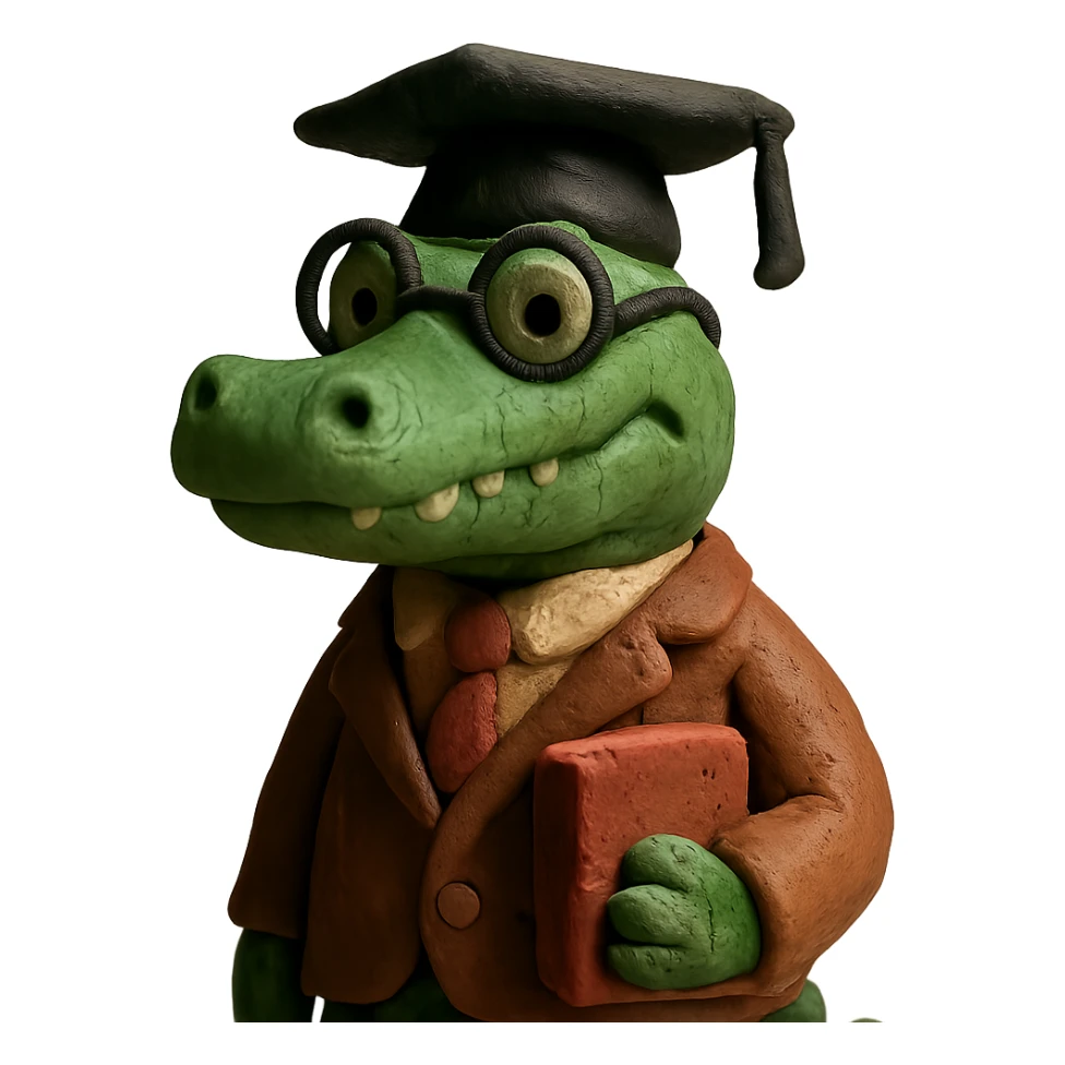 claymation style alligator professor with glasses and a graduation cap sticker