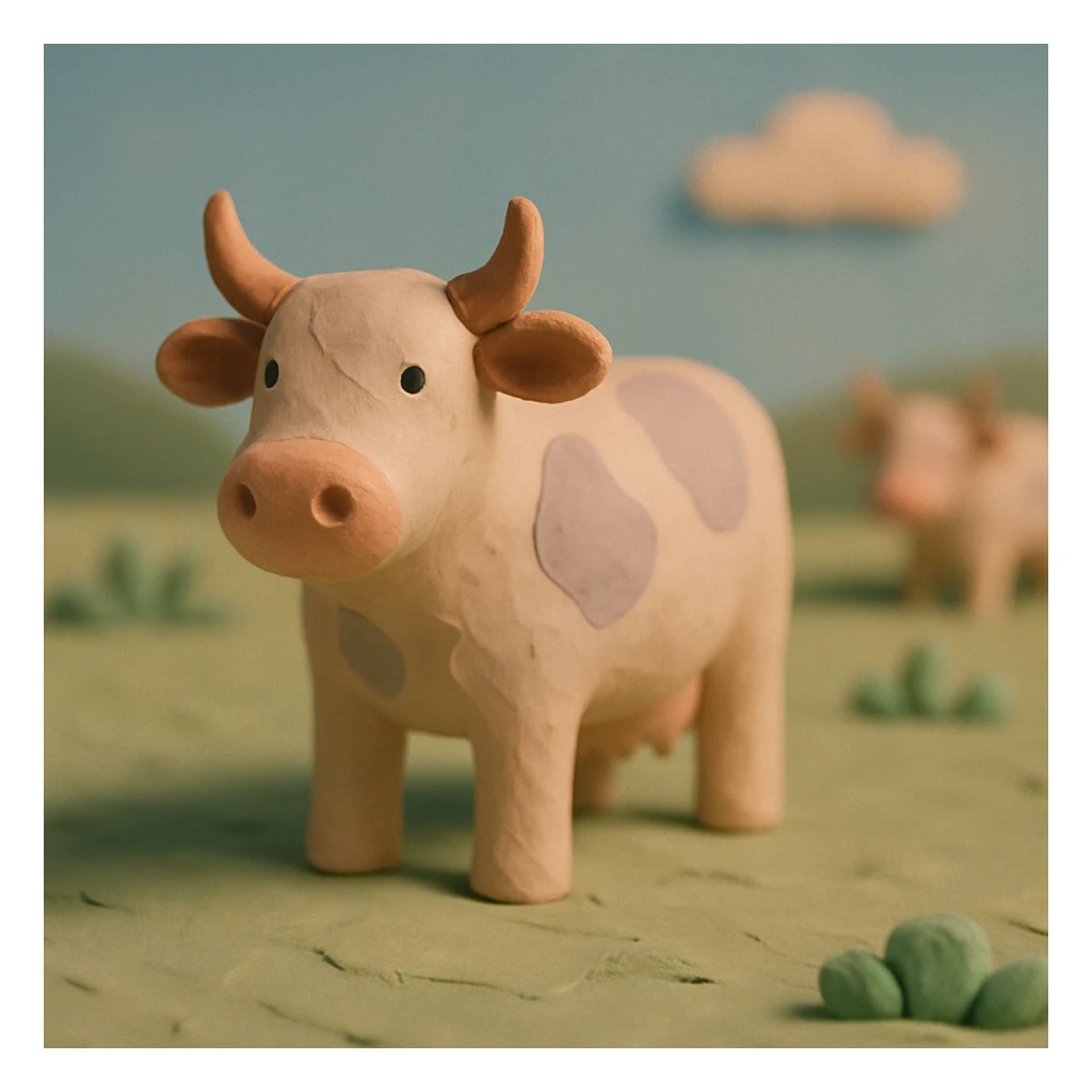 claymation style cattle standing in a field, visible fingerprints, pastel palette sticker