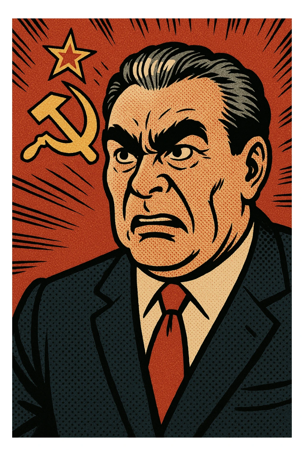 Soviet leader brezhnev looking angered with the communist flag in the background sticker