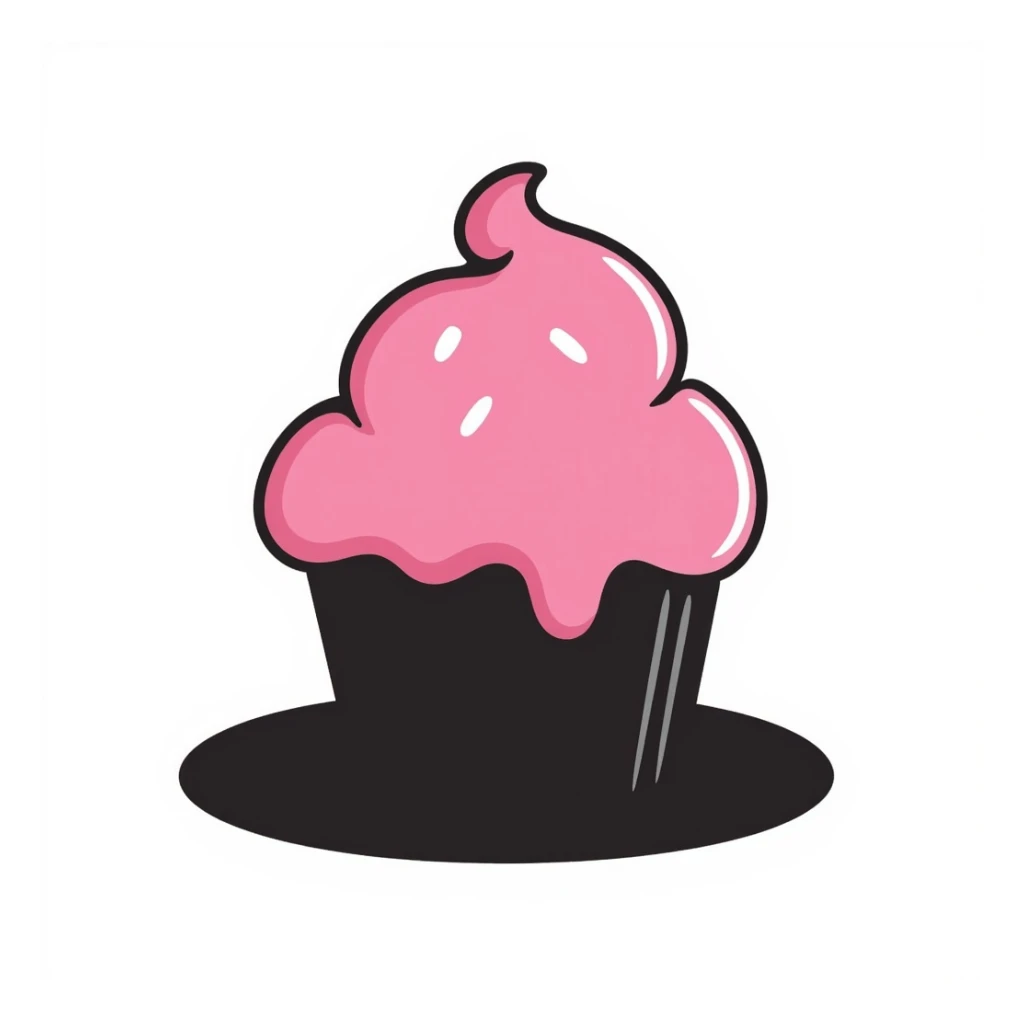 cupcake with pink icing, hand-drawn doodle, playful, black outlines sticker