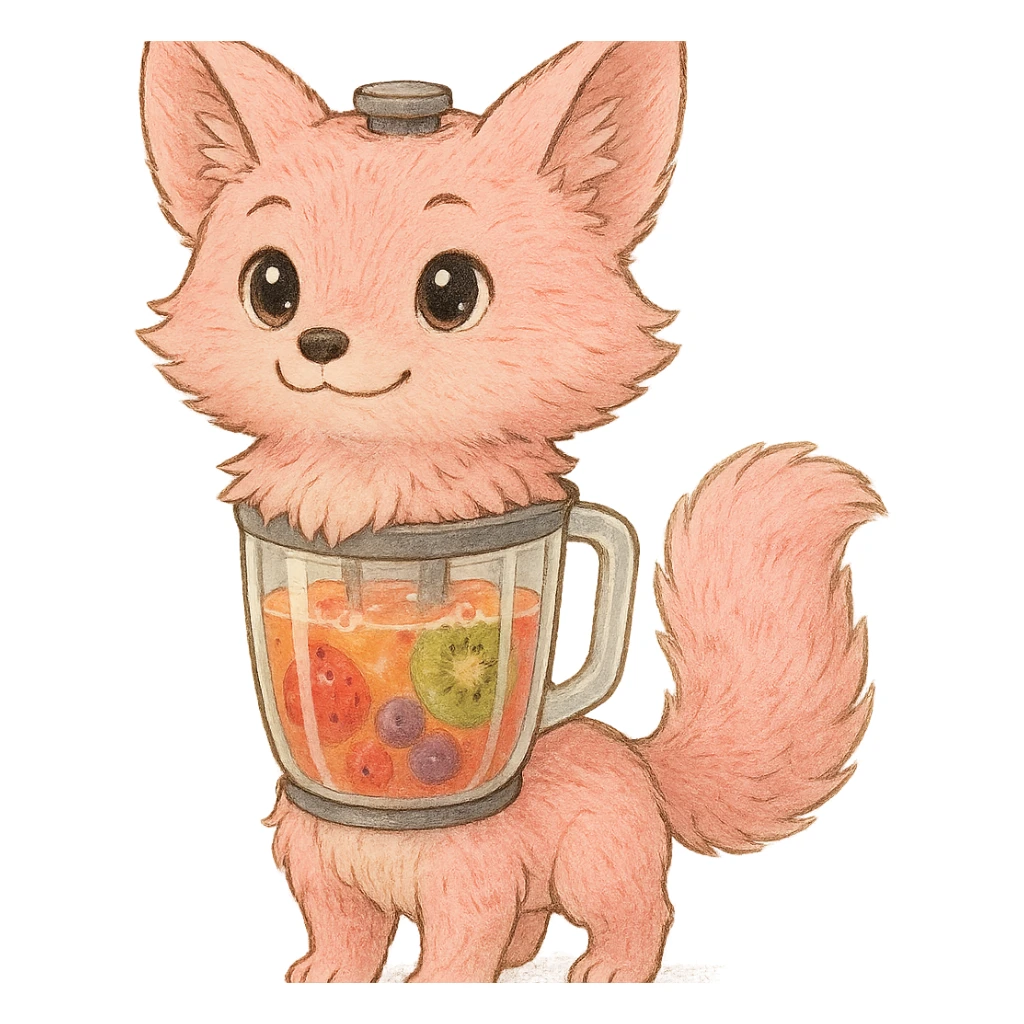 premium Ghibli-style pastel pink fox as a blender, soft fluffy fur, transparent body showing colorful realistic smoothie inside, big sparkling eyes, gentle happy face, full-body, highly detailed sticker