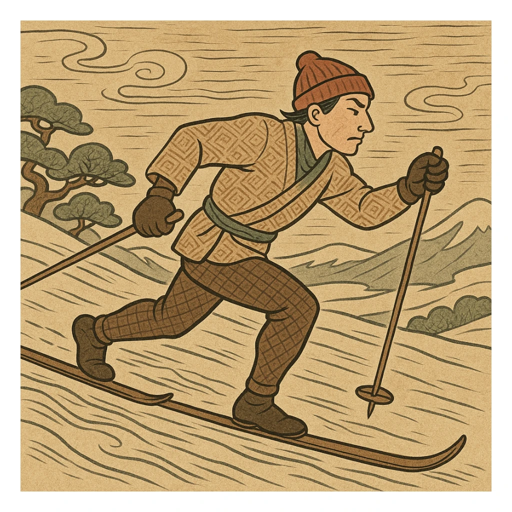 stylized cross-country skier, ukiyo-e style, dynamic movement, subtle color palette, traditional patterns sticker