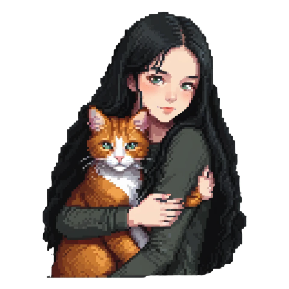Beautiful girl with long black hair hugs a ginger cat sticker