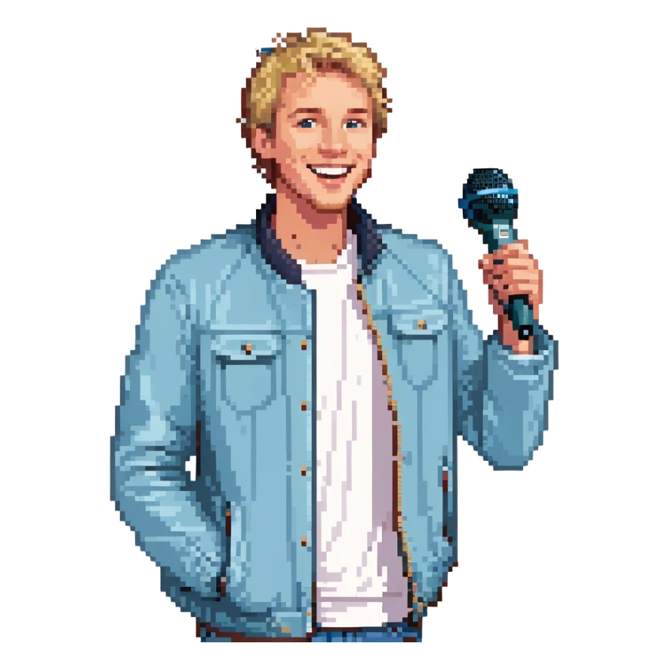 Pixel art style, expressive male performer, Caucasian features, short sandy blonde hair, lively eyes, wide cheerful smile, wearing a sky blue jacket over white tee, tossing a microphone in one hand, waist-up, front-facing sticker