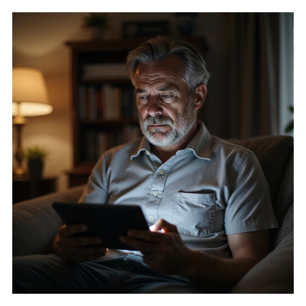 man reading an article about slow metabolism after 30 years on a tablet, worried expression, domestic environment, hyperrealistic details, 4K sticker