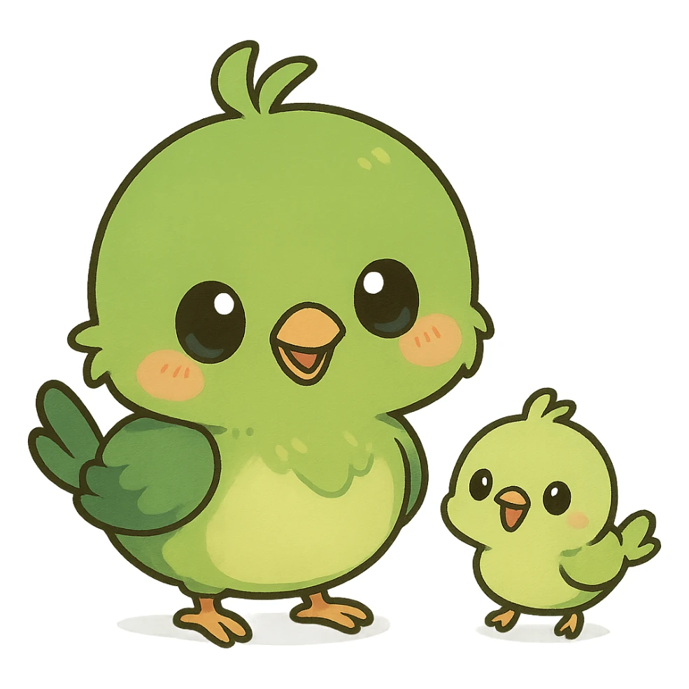 green chibi anime bird with a tiny friend, both cute and playful, chibi anime style sticker