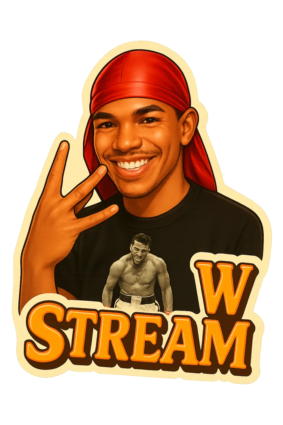 Make him Smiling 
Twist middle finger and ring finger crossed over to form a W
Change His durag To Red
Add the words W Stream sticker