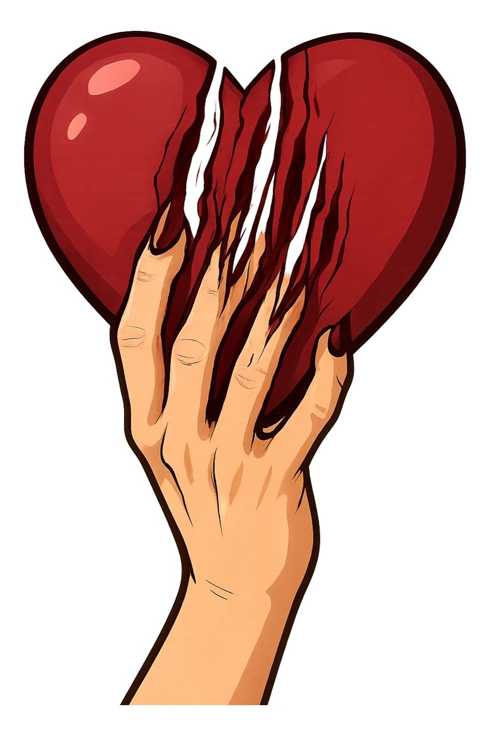 женская рука с маникюром вгоняет когти в винного цвета сердце и сильно раздирает царапает его (пальцы полусогнуты ногти вогнаны в царапины) рисованный стиль, ориентируйся на референсы по стилю и по уровню разодранности серца sticker