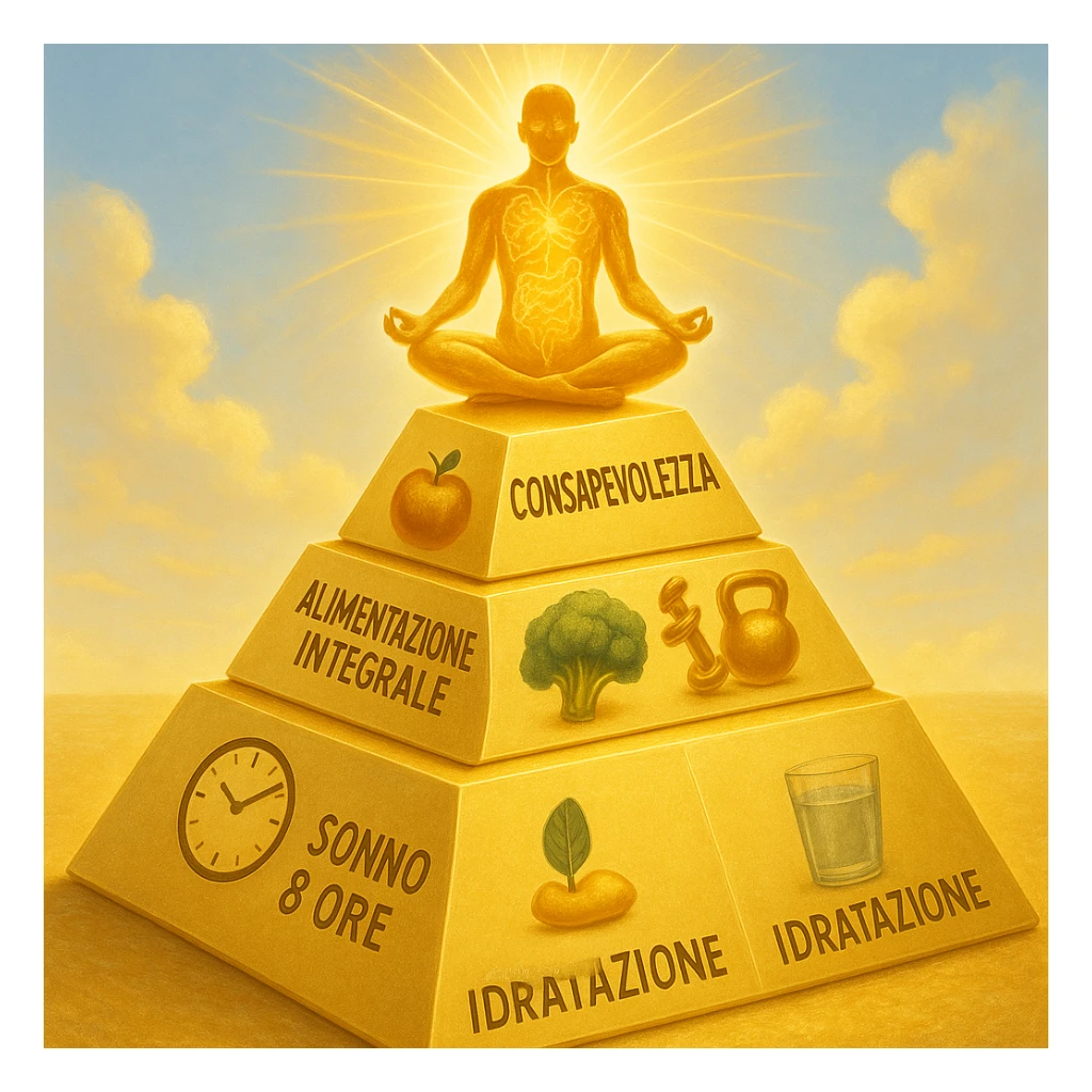 Golden layered pyramid representing health hierarchy: Base layer with icons for 8 hours sleep and hydration, middle layer with whole foods and functional training, top layer with mindfulness and social connection. At the top, a radiant figure meditating, body depicted as a glowing map of neurotransmitters and healthy gut flora. Include Italian text labels for each layer and concept. Hyperrealistic style, bright and positive atmosphere. sticker