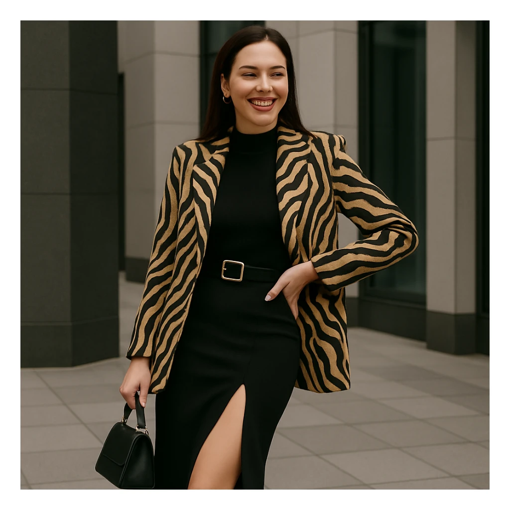 Make the woman smile while keeping her high-fashion look. Maintain thin eyebrows, straight dark hair, big lips, and a shapely figure. Preserve the overall elegance and style of the image. sticker