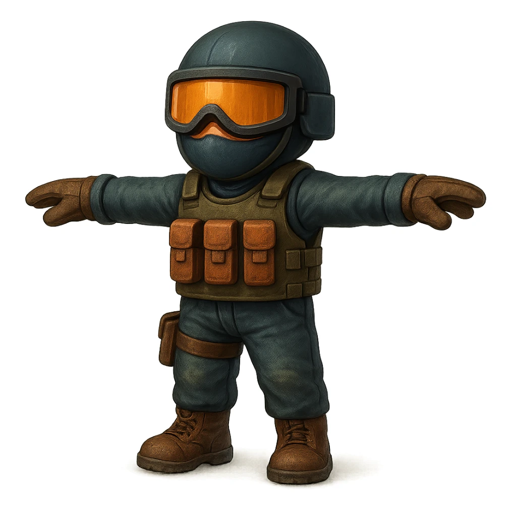 Make this Counterstrike player model in T-pose look a little more realistic while keeping the style close to the original. No background, suitable for Discord. Maintain the original style's look but enhance realism subtly. sticker