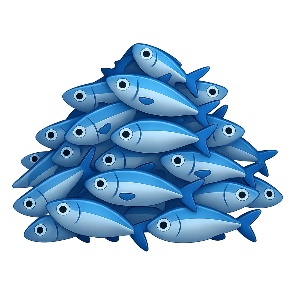 Create a large, loosely pyramid-shaped pile of blue fish in the style of iPhone Apple emojis, blending between 2D and 3D appearance, with a transparent background, variation 3. sticker