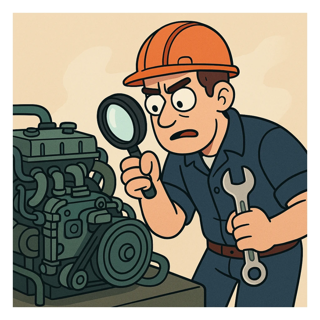 cartoon illustration of machine maintenance, a technician with helmet inspecting an engine, vibrant colors sticker