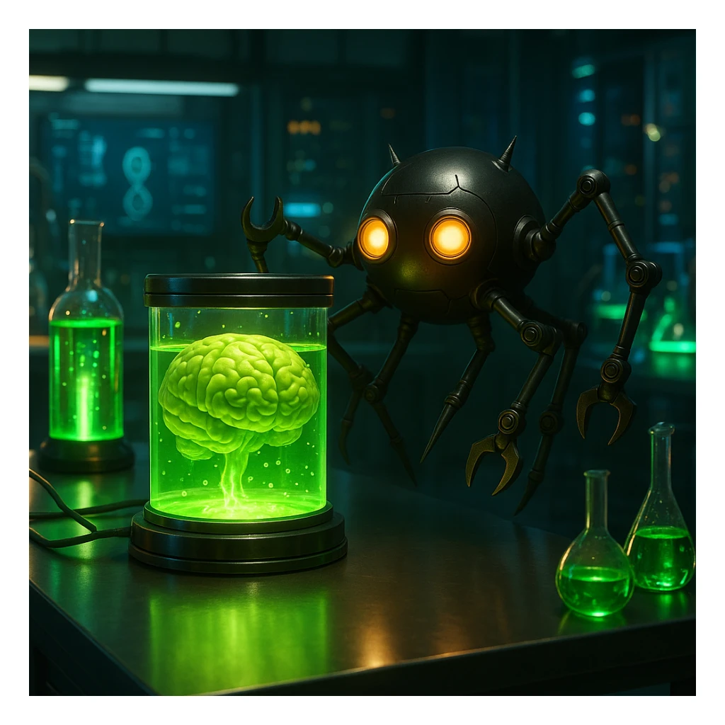 Lighten the genetics lab scene, add glowing scientific equipment and a brain floating in glowing green liquid. Make the scene more realistic with detailed lighting and reflections, emphasizing a realistic style with intricate light play and reflections. sticker