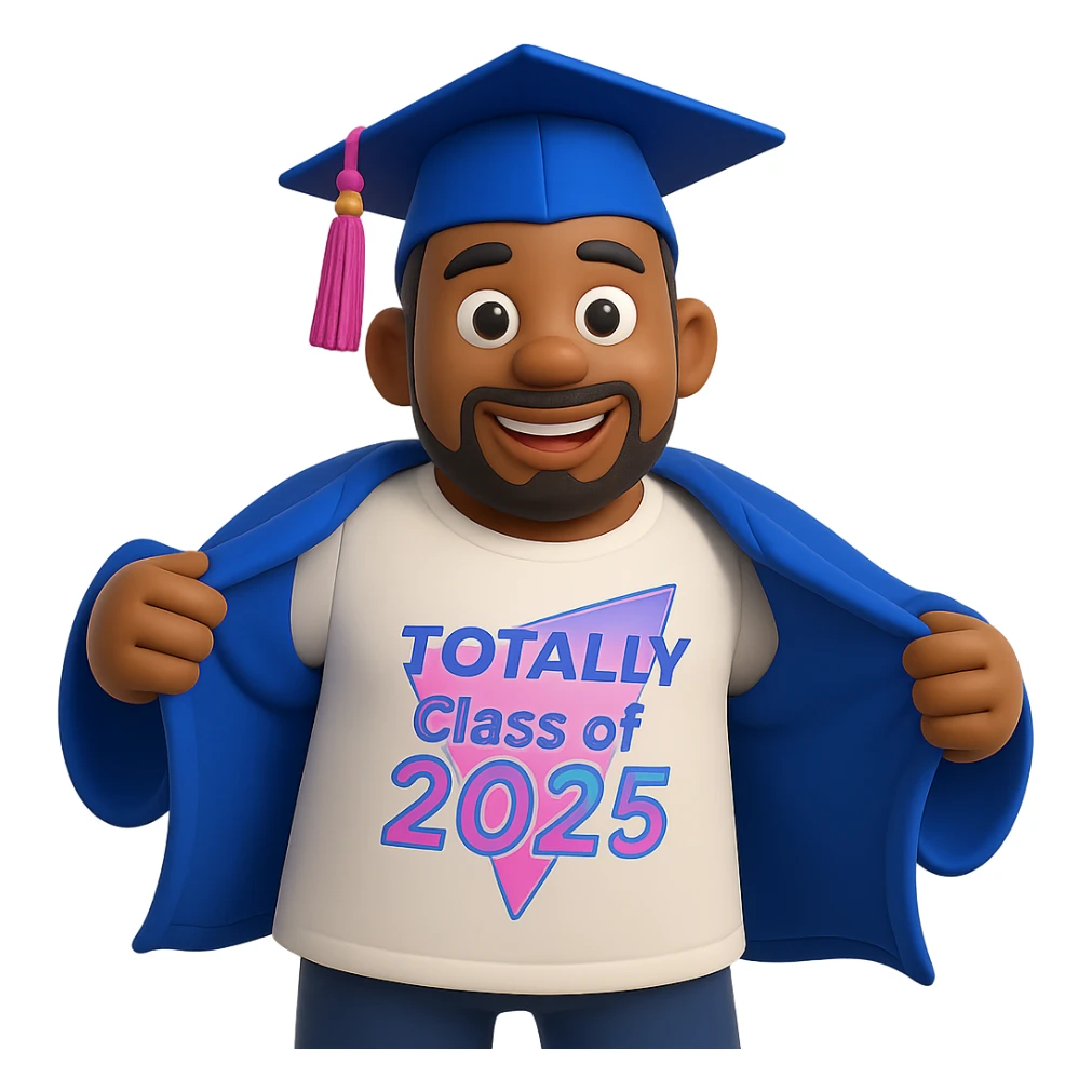 Add a very thin beard and mustache to the cool emoji based on the person in the reference photo, wearing a graduation outfit, 3D cartoon style. Make the background transparent. The style should resemble a 3D cartoon look with a graduation outfit as shown in the reference. sticker