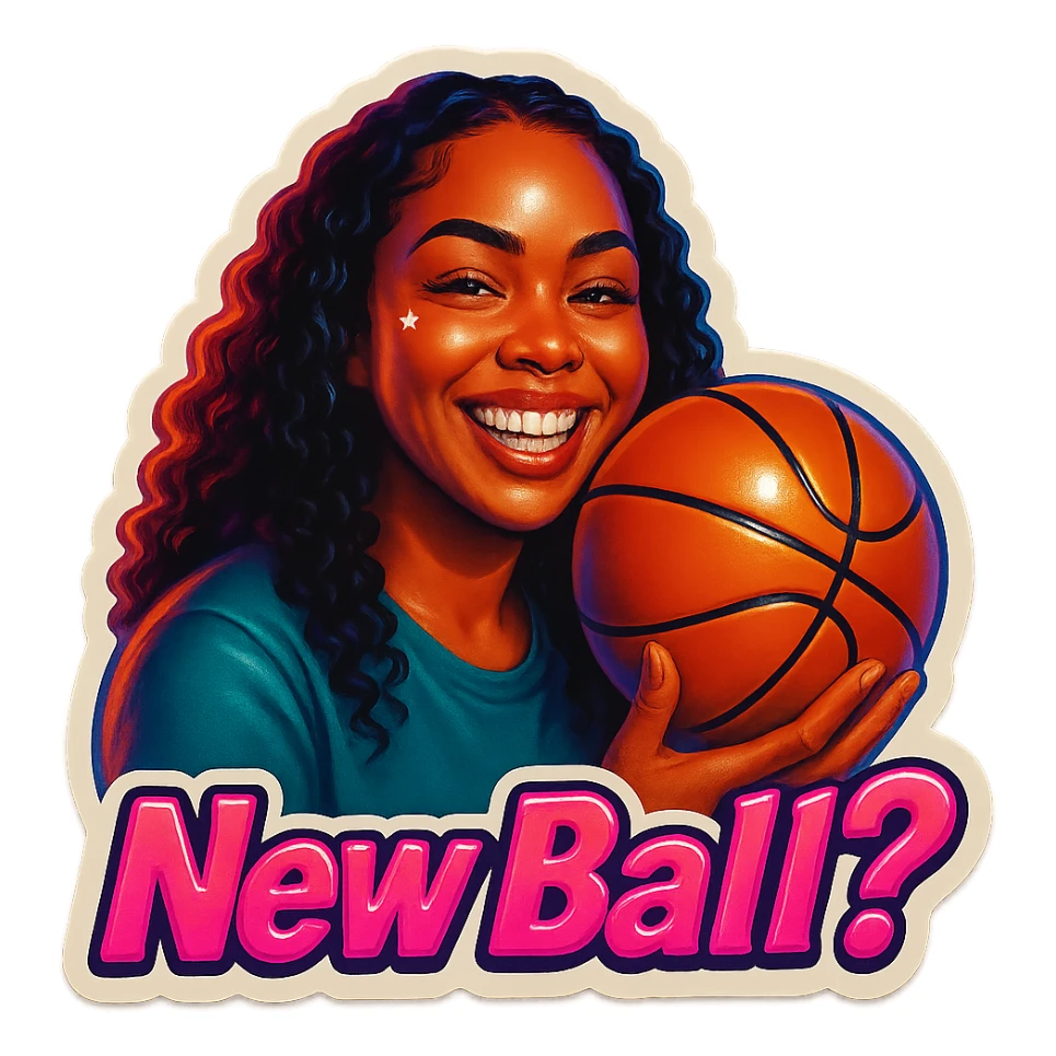 Grin holding a Basketball
add the words New Ball? in pink sticker