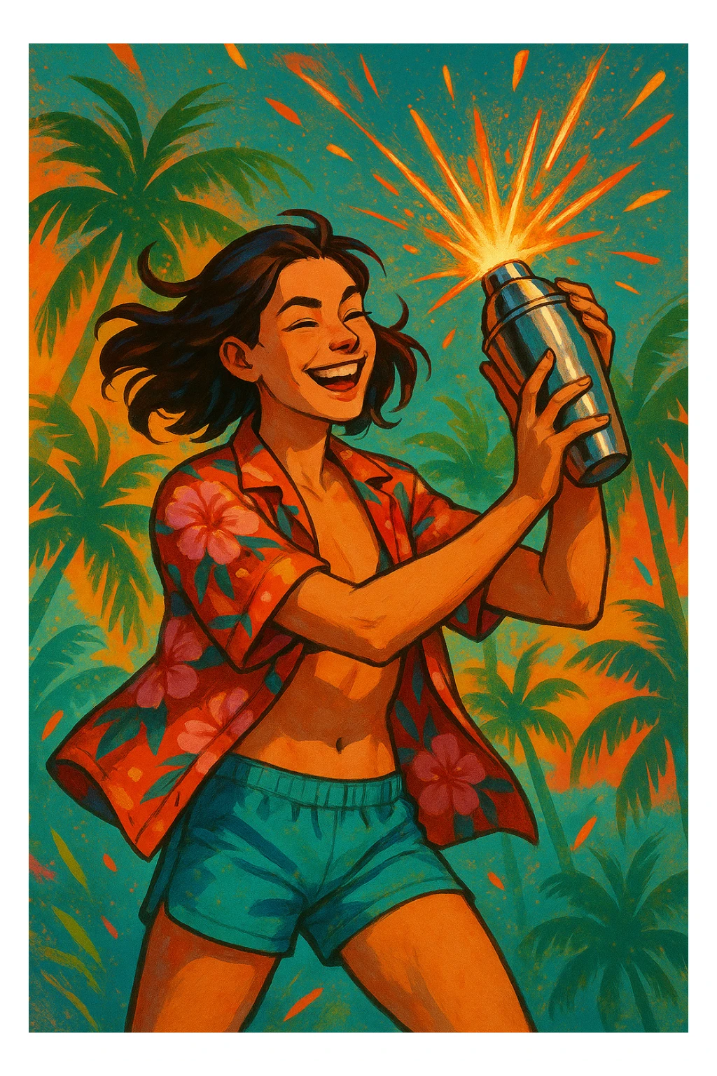 human female Unbuttoned Hawaiian shirt, swim trunks, shaking a cocktail shaker (sparks flying) sticker