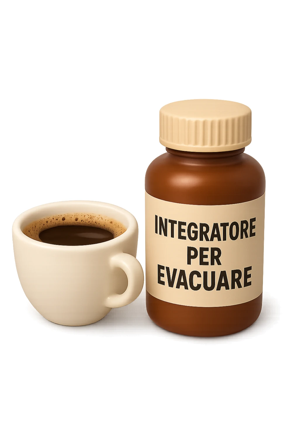 EMOJI STILE IPHONE 3D DI un caffè e di una boccetta di integratore con la scritta "INTEGRATORE PER EVACUARE" SULL'ETICHETTA, iperrealistico 4k sticker