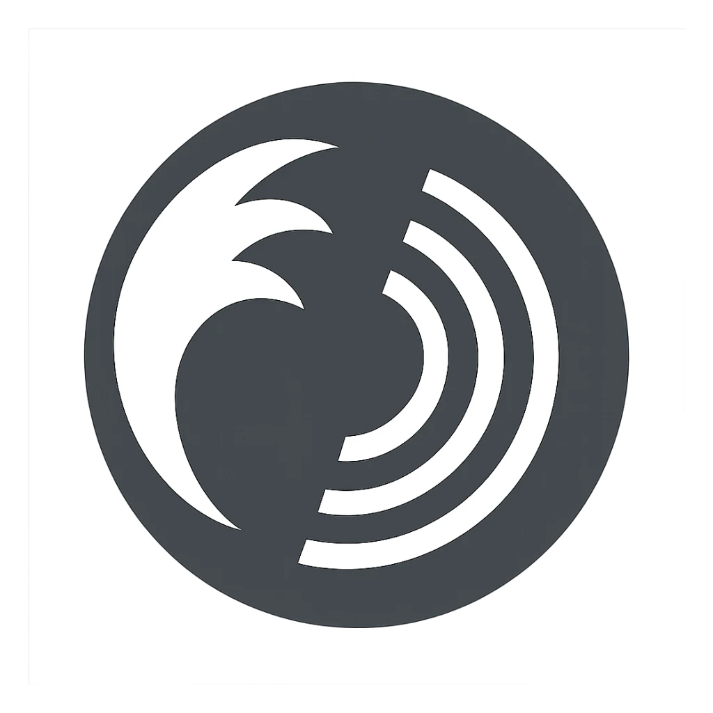 modern graphic sign: dark gray sphere, white curved claw in the upper left corner, three white concentric lines resembling waves on the right sticker