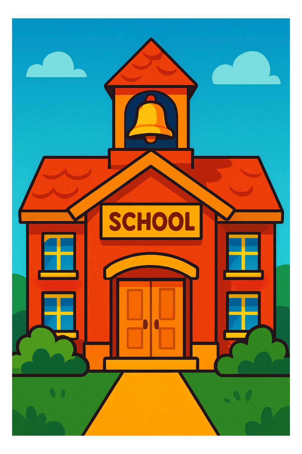 school building with bell tower, friendly illustration, warm and inviting sticker