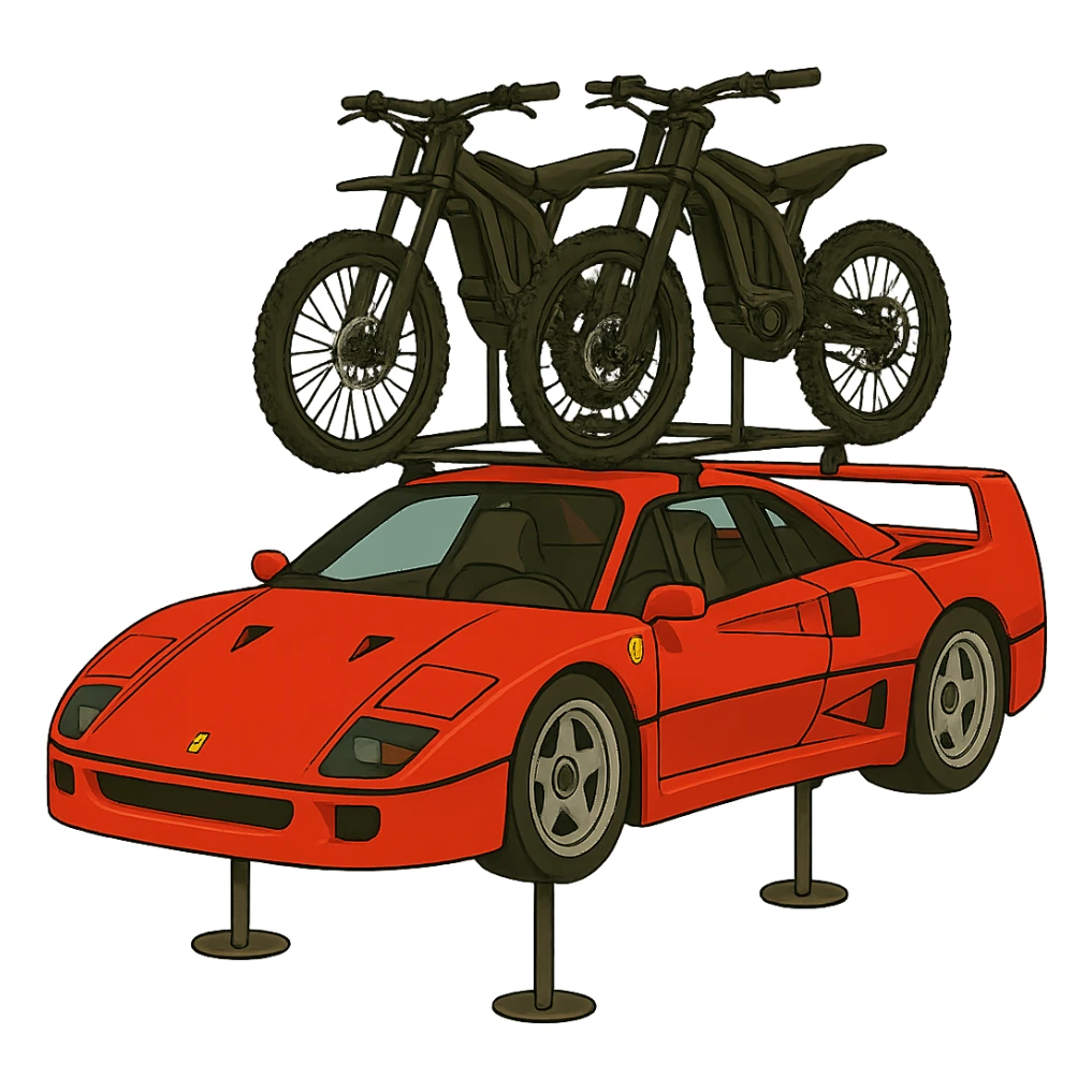 Replace the motorcycle with two Sur-Ron electric bikes mounted on a roof rack on the cartoonish Ferrari F40. Keep the background transparent. sticker
