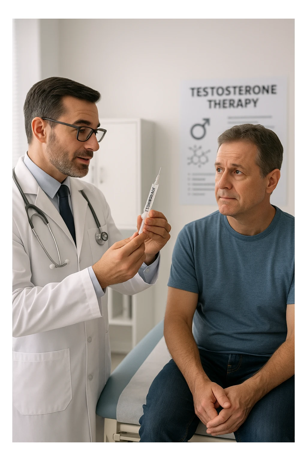 a doctor in a white coat prepares a syringe labeled “Testosterone” while a middle-aged man sits calmly on the examination table, sleeve rolled up and looking slightly apprehensive but trusting. The doctor explains the procedure, and a medical chart about testosterone therapy is visible in the background. The mood is professional and reassuring. sticker