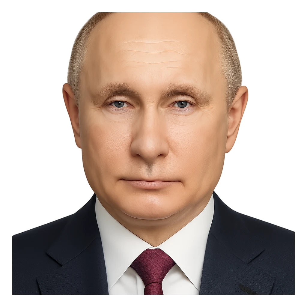 Vladimir Putin, hyper-realistic, ultra high-resolution, maximum detail, lifelike skin and facial features, subtle emoji influence, clean round face, neutral expression, plain background sticker