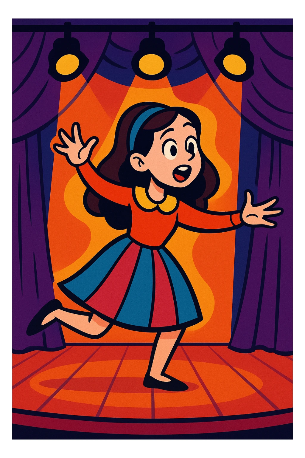 a pale, brunette girl acting, performing on stage, vibrant toon style sticker