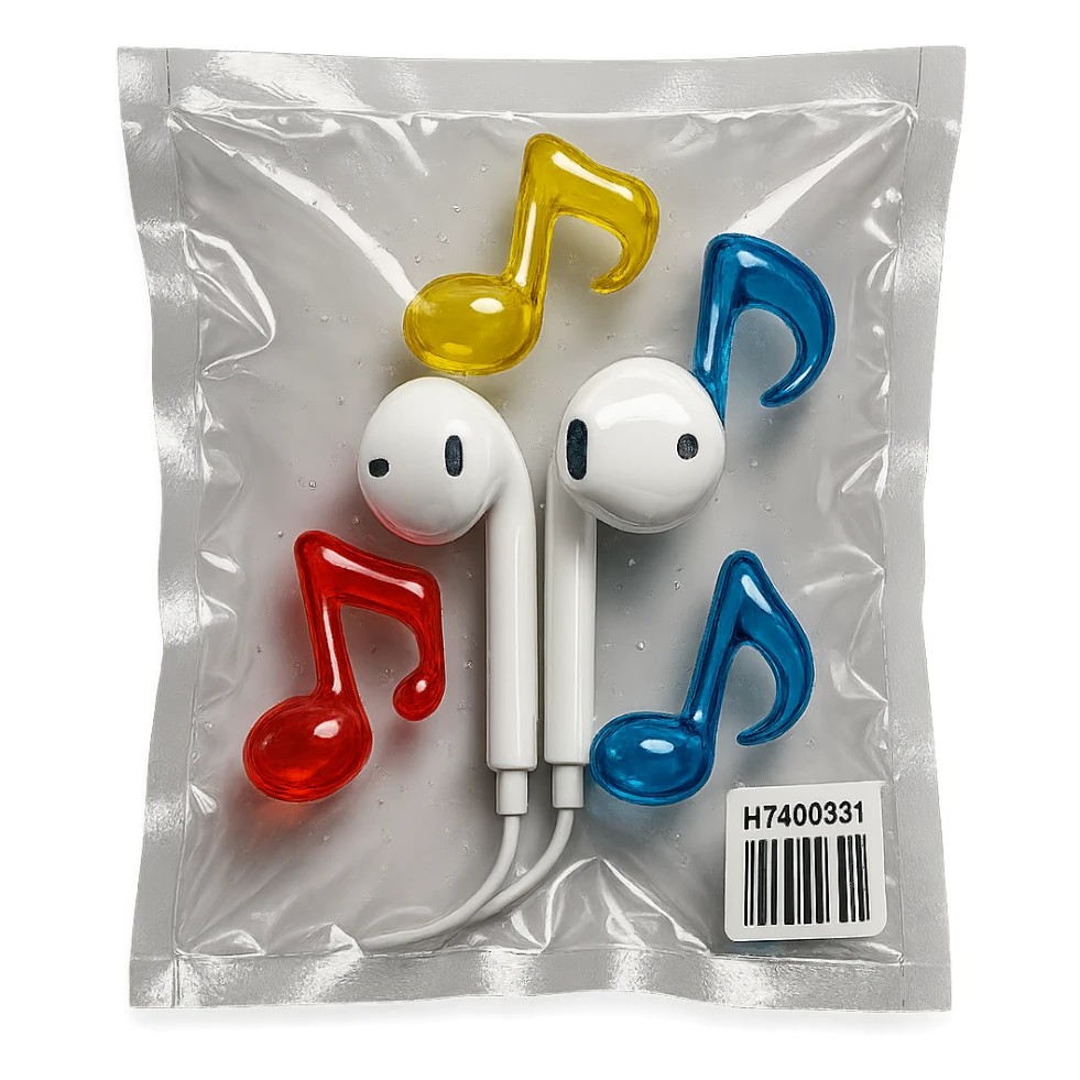 pair of white EarPods with three floating transparent glass music notes in primary colors, glossy and inflated, vacuum-sealed style sticker