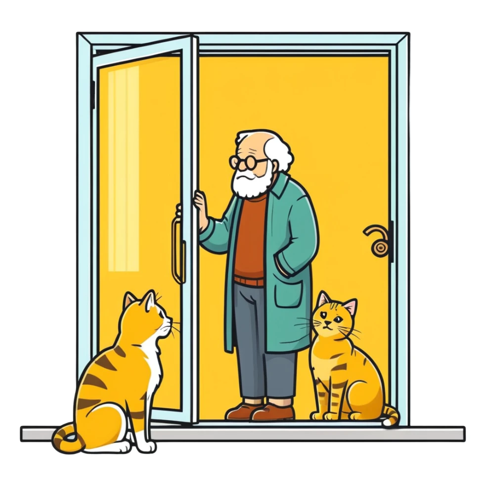  old blind man  looking through glass door at ￼his golden cat  sticker