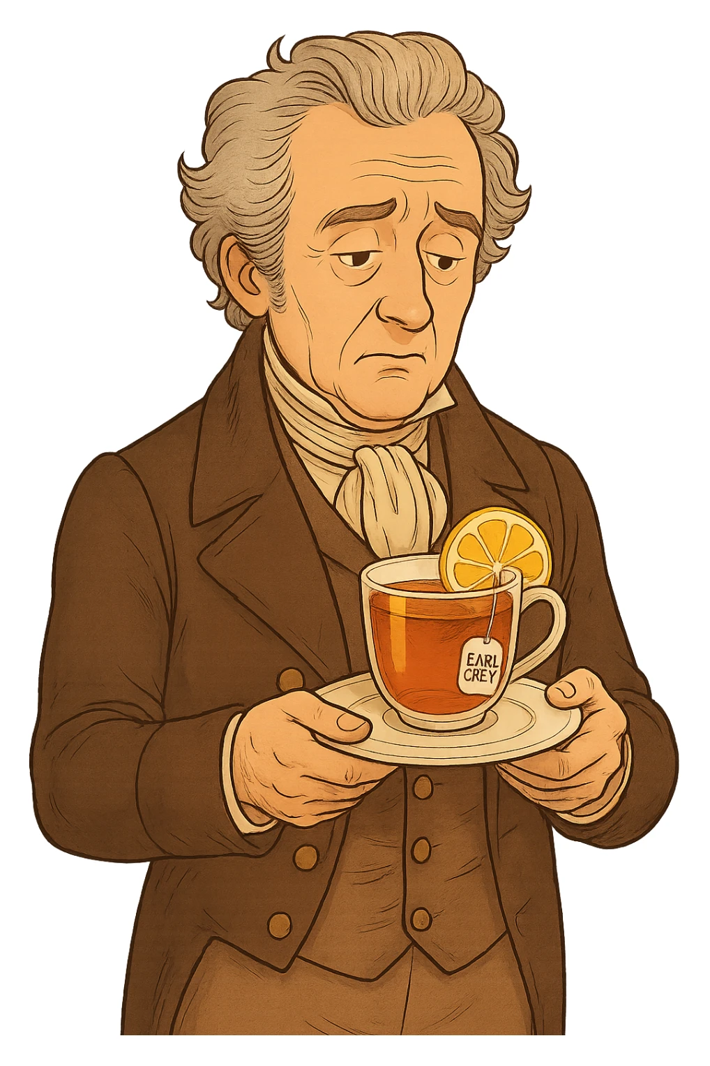 Используя такую стилистику сгенерируй Графа Уильяма Грея, который задумчиво держит в руках тарелку с чашкой черного чая Эрл Грей и лимоном внутри, прозрачный фон sticker