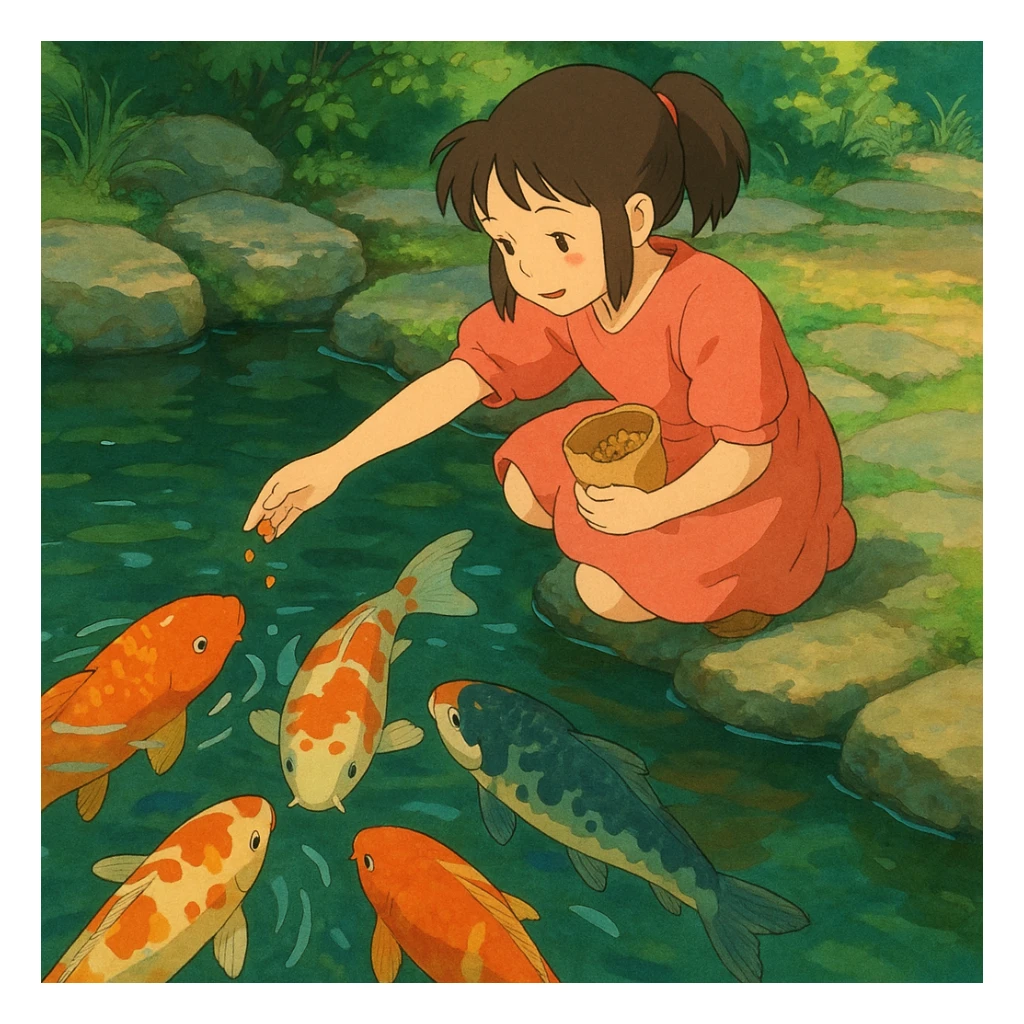 girl feeding koi fish in a pond sticker