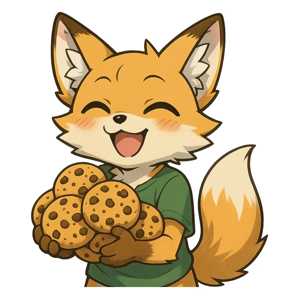 anime style fox character, happy, holding cookies sticker