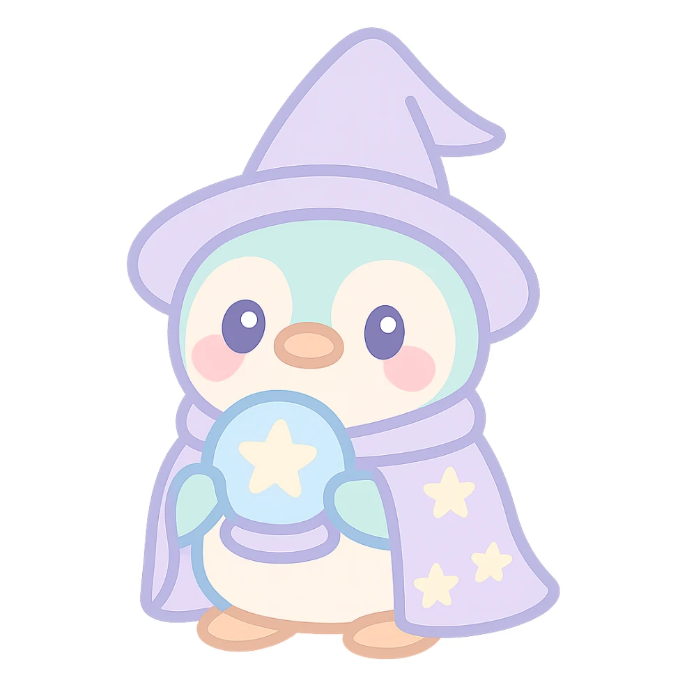 penguin wizard holding a crystal ball, starry cloak, enchanting sticker