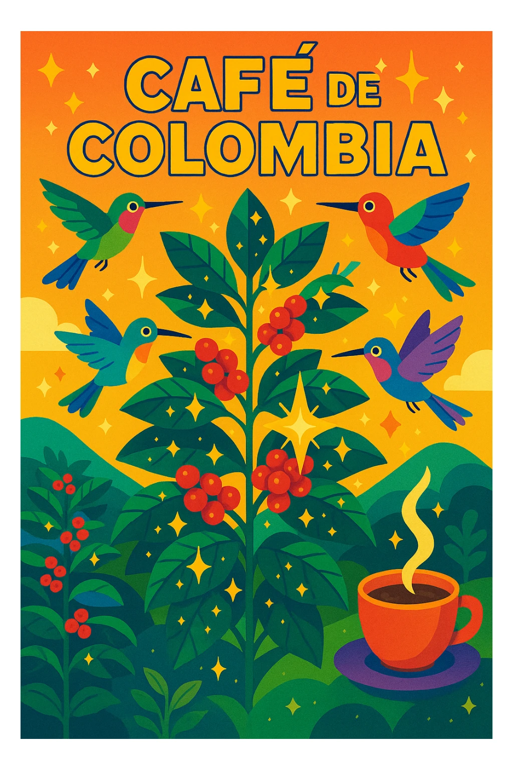 magical coffee farm in Colombia with enchanted coffee plants, hummingbirds, sparkling details, lively colorful style sticker