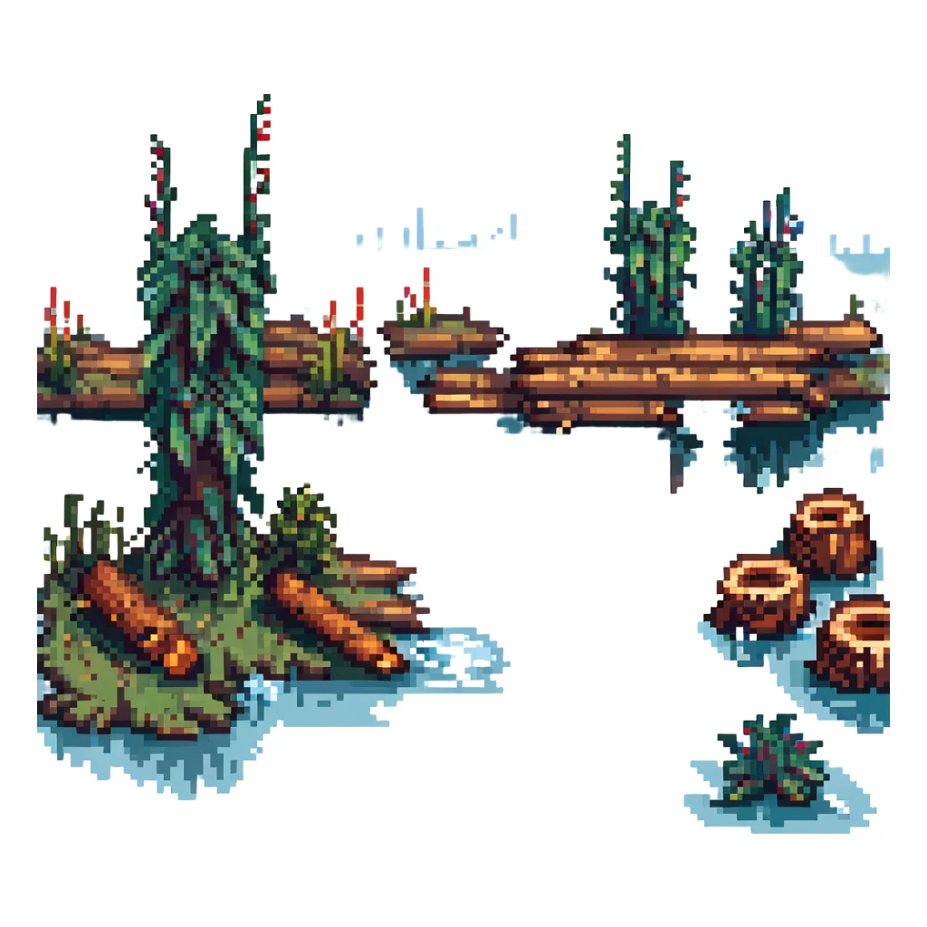 swamp with water, logs, and cattails, pixel art style sticker