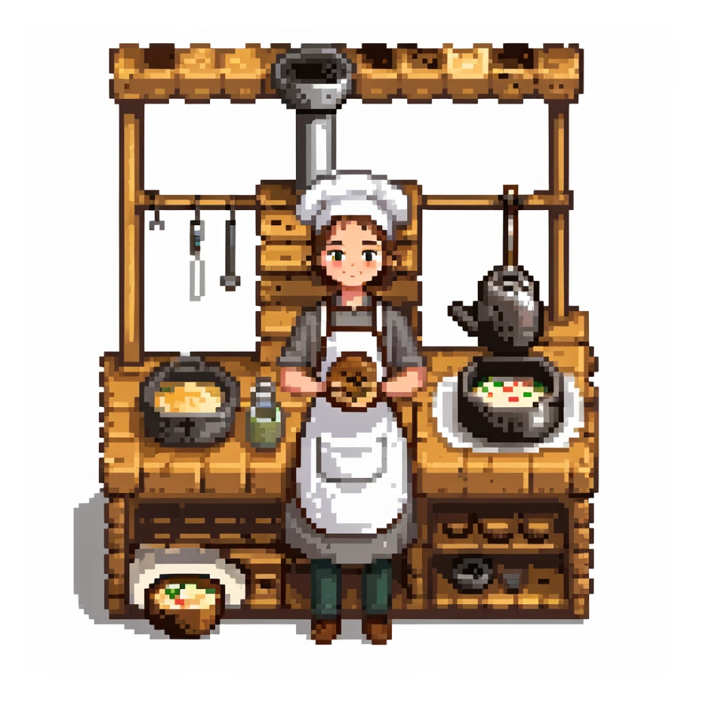 Ein junger Bäckerlehrling mit mehliger Schürze, umgeben von hölzernen Arbeitsflächen, gusseisernen Backformen und einem alten Steinofen. Die Texturen wirken realistisch: Teigreste auf Holz, glänzende Metalllöffel, ein analoger Timer mit Drehknopf. sticker