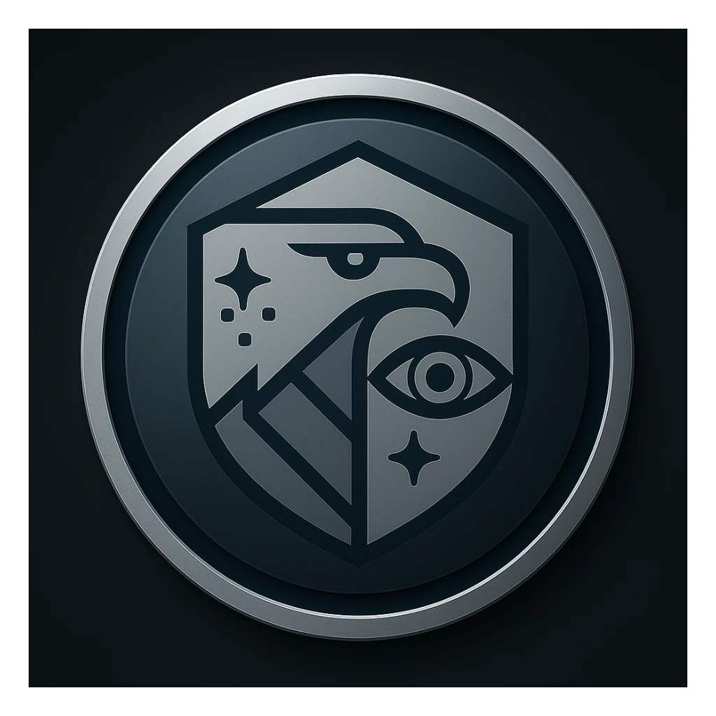 Place the logo inside a bold, modern circular badge. Maintain the minimal, futuristic, and authoritative style with dark blue, gray, and metallic silver colors. Ensure the design remains clean and recognizable at small sizes, with no background outside the circle. sticker