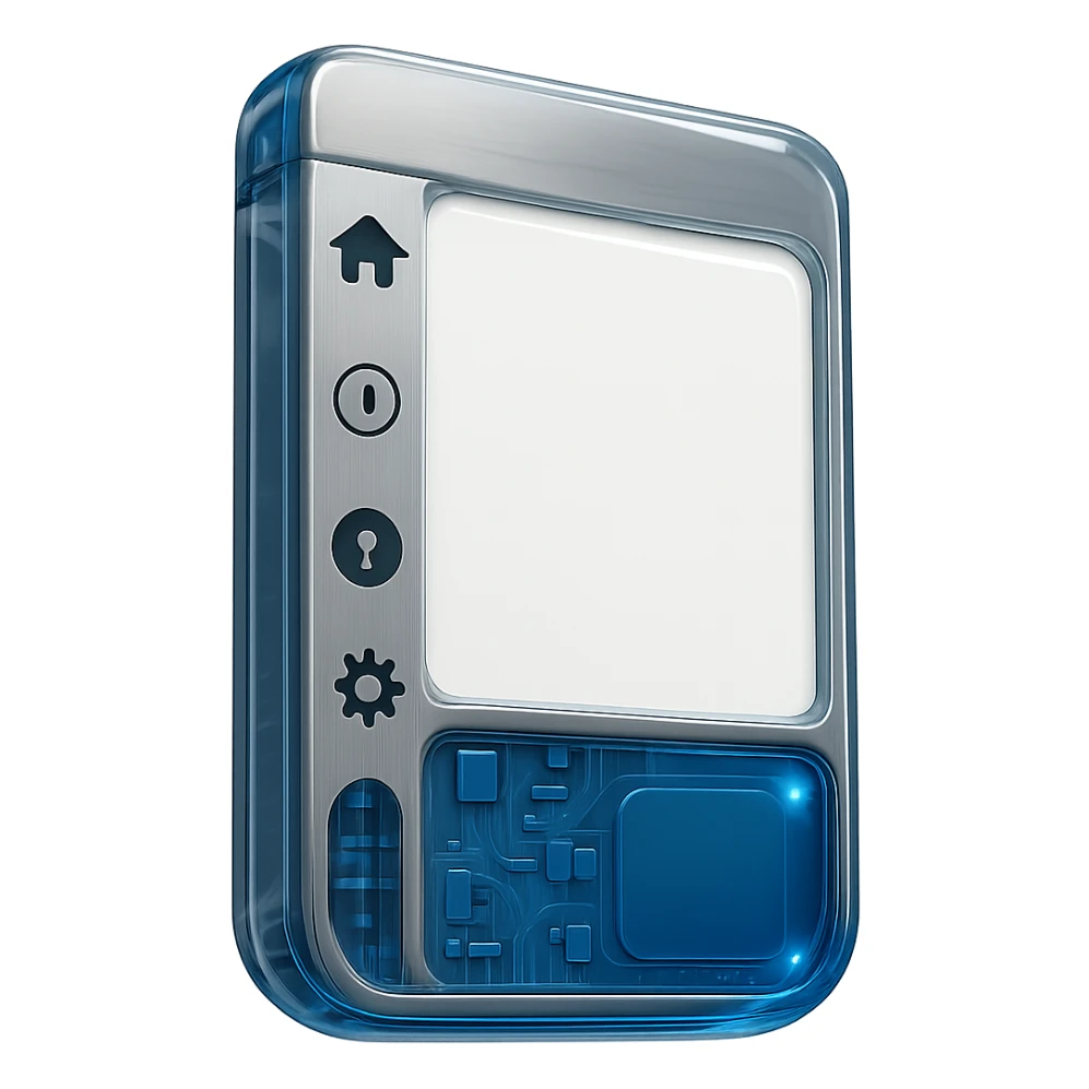 Replace the blue text area with a glossy, rounded blue computer screen style as before. Do not render any sample icons in the icon area. Keep the rest of the card unchanged: brushed metal frame, title, and icons area as one piece, white main area. No text or labels anywhere. sticker