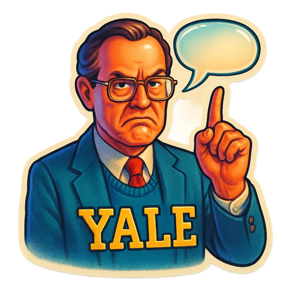 Профессор Йельского университета со скептическим лицом показываем указательный палец вверх, от головы отходить bubble speech sticker