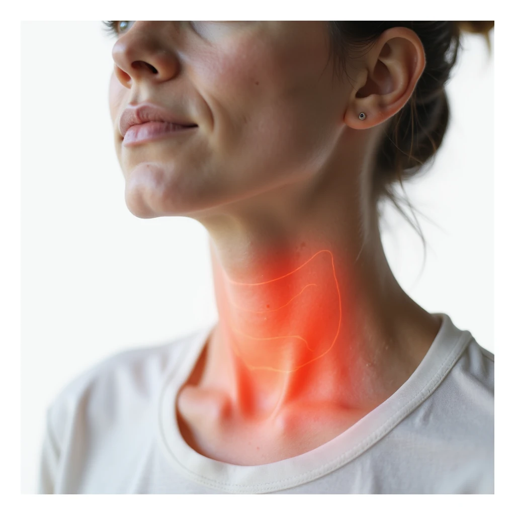 woman with hypothyroidism, thyroid highlighted in red on the neck, puffy face and dry skin, focus on thyroid area, hyperrealistic details, 4K, white background sticker